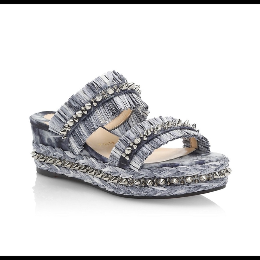 Christian Louboutin Spiked Denim Espadrille Mules - Picture 2 of 16